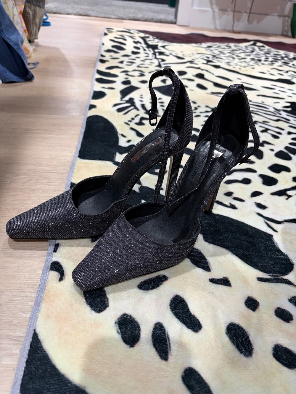 Topshop Black Glitter Pointed-Toe Ankle-Strap Stilettos